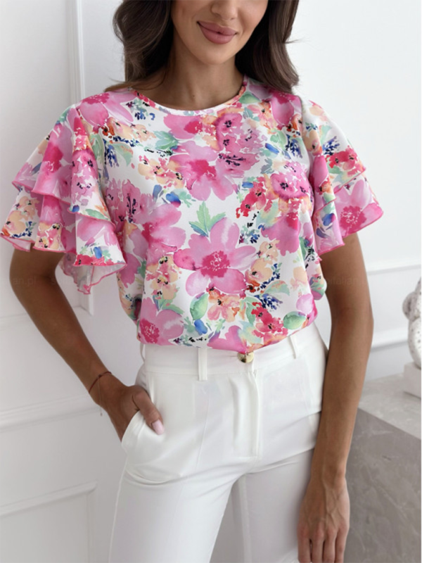 Summer printed ruffle sleeves round neck simple short-sleeved tops