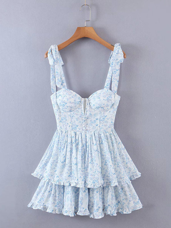 Summer three-color three-layer colorful silk chiffon pleated dress with tie - Sky blue azure / S
