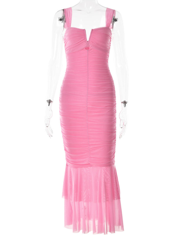 Suspender stitching fashion sexy hot girl tight pleated fishtail dress - Pink / S