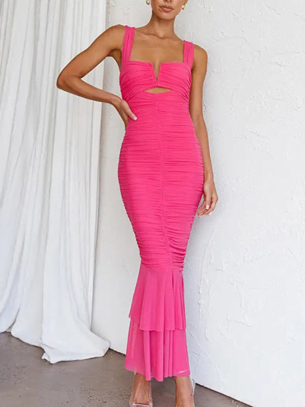 Suspender stitching fashion sexy hot girl tight pleated fishtail dress - Rose / S