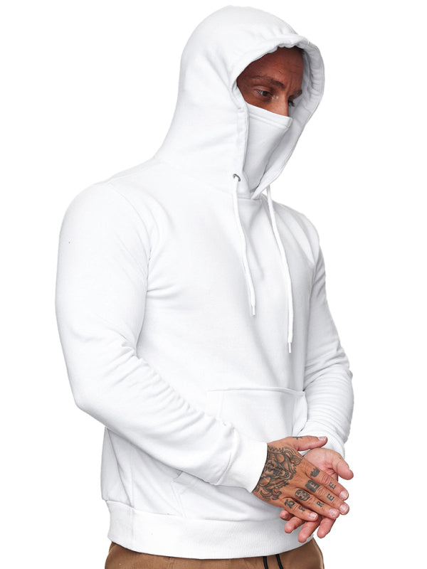White hooded long sleeve sweatshirt with face covering for men’s casual wear