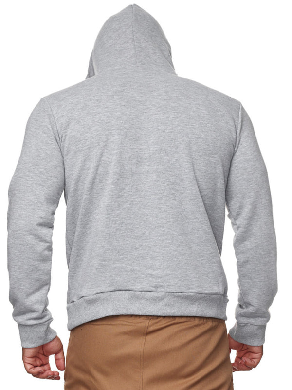 Gray hooded sweatshirt displayed on a men’s long sleeve T-shirt product page