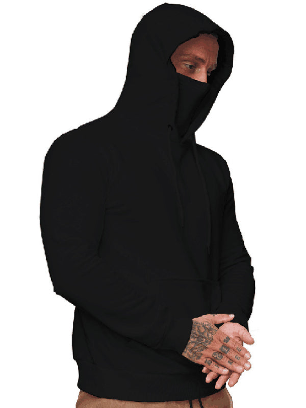 Black hooded sweatshirt with face covering, stylish men’s long sleeve sweatshirt mask