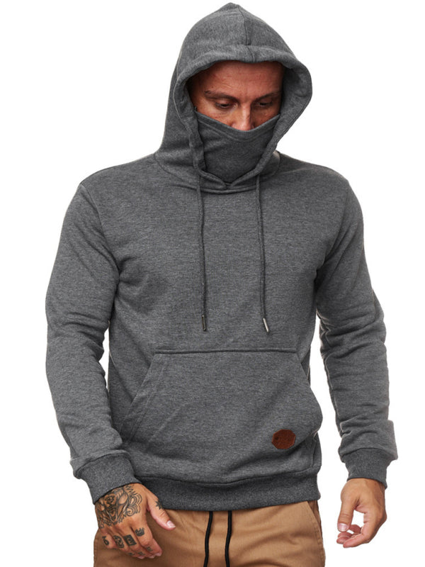 Gray hooded sweatshirt with face covering, long sleeve men’s sweatshirt mask