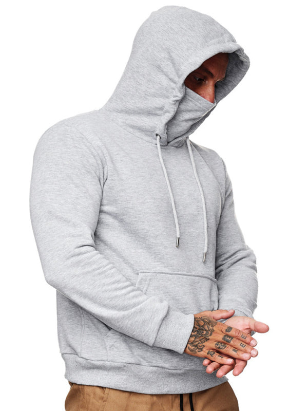 Gray hooded sweatshirt displayed on a men’s long sleeve T-shirt product page
