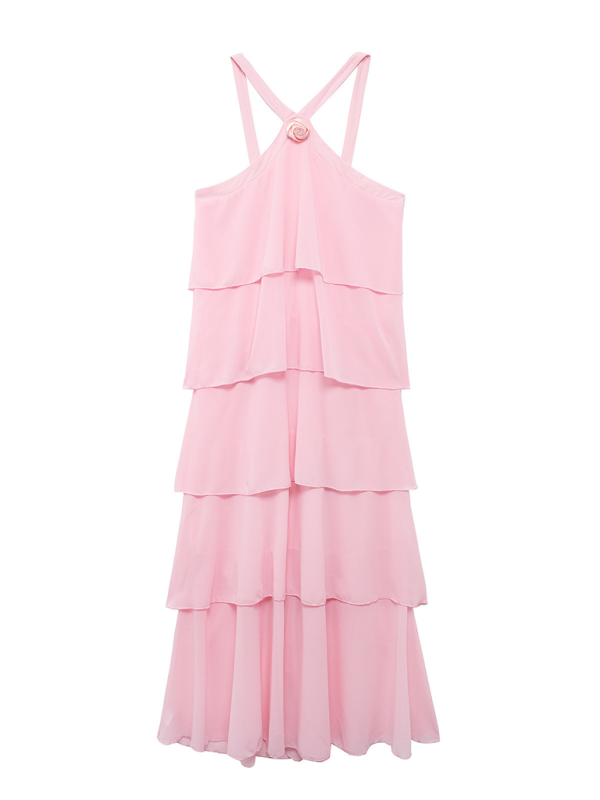 Sweet pink halter neck backless layered cake slim elegant dress - Pink / S