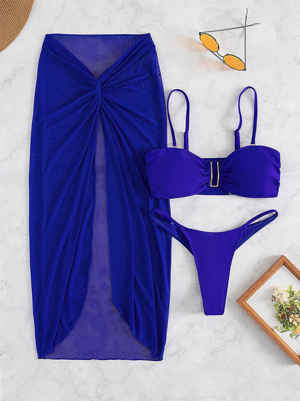 Blue swimsuit with matching sarong from the solid color three-piece bikini U-shaped decoration collection