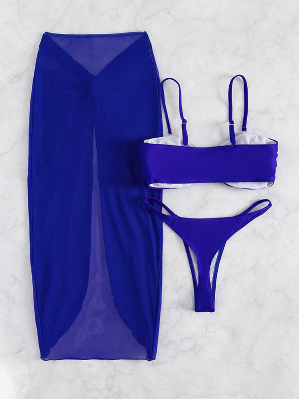 Blue three-piece swimsuit set with U-shaped decoration displayed on a product page