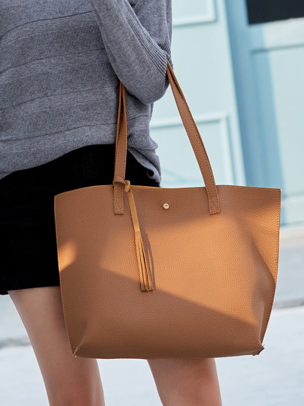 Tassel Zip Bag Large Capacity Shoulder Tote Bag - Brown / F