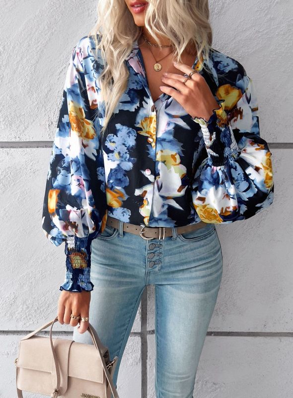 Temperament casual printed lantern sleeve shirt - Blue / S