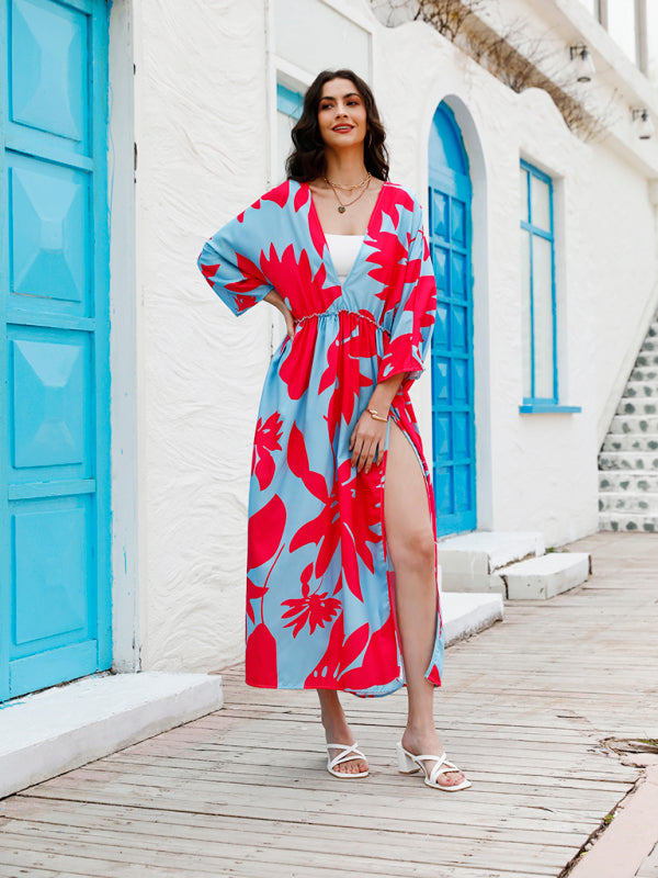 Temperament Holiday High Waist Fashion Print Dress - Red / S