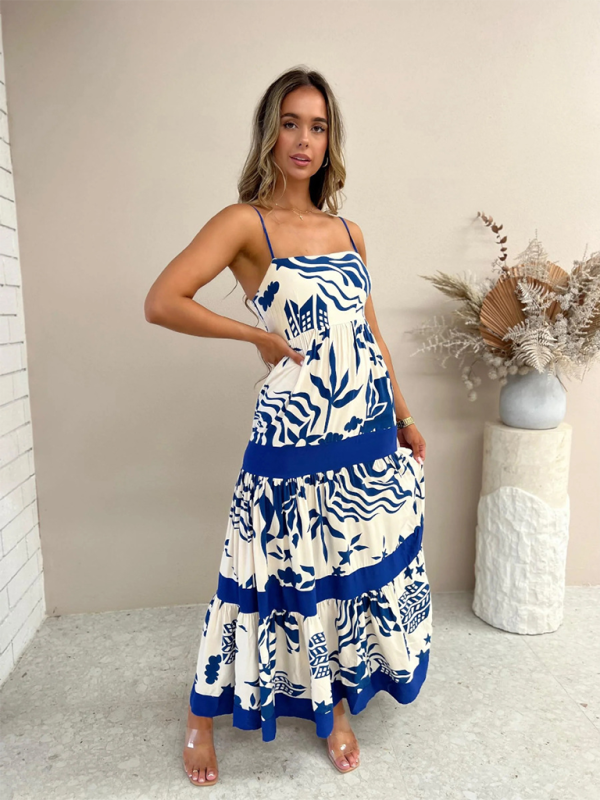 Temperamental and casual one-shoulder neck lace stitching suspender dress - Purplish blue navy / S
