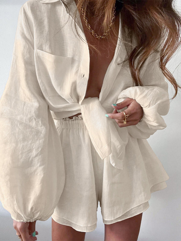 Top Ruffle Shorts Two-piece Casual Fashion Suit - Cracker khaki / S