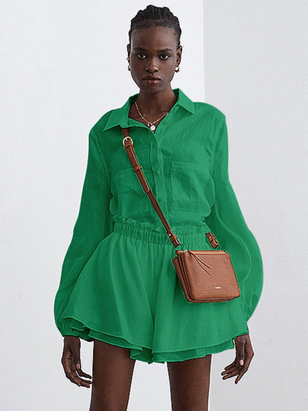 Top Ruffle Shorts Two-piece Casual Fashion Suit - Green / S