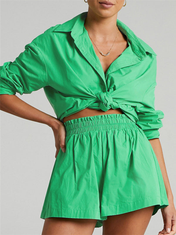 Two-piece Solid Color Single Breasted Long Sleeve Lapel Shirt Shorts Loose Fashion Casual Suit - Green / S