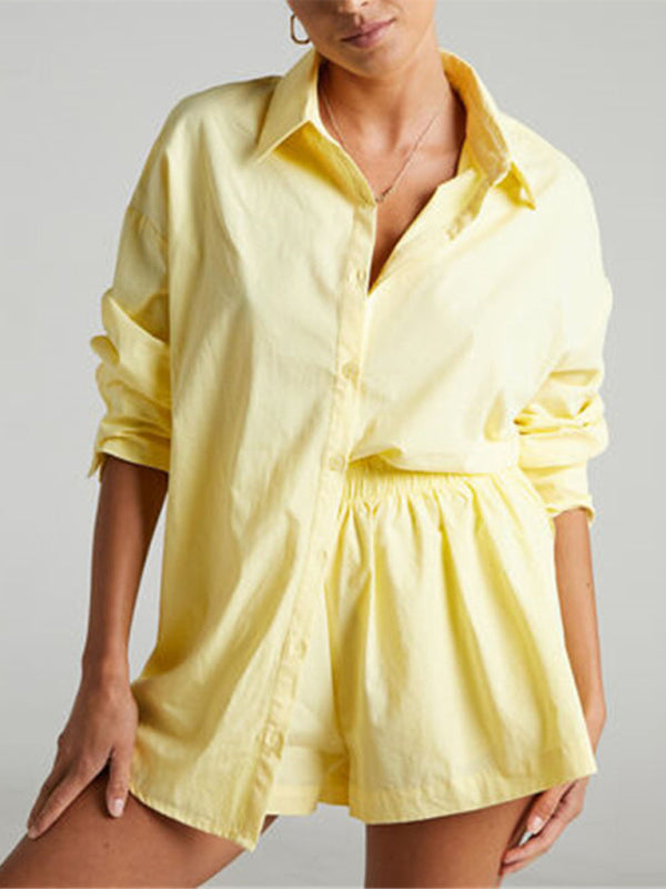 Two-piece Solid Color Single Breasted Long Sleeve Lapel Shirt Shorts Loose Fashion Casual Suit - Yellow / S