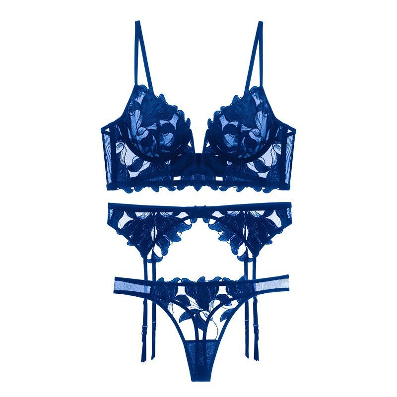 Ty094Bp3 Deep V Ultra-Thin Gauze Embroidered Garter Belt 3 Piece Underwear Set - Blue / S