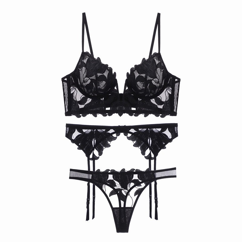 Ty094Bp3 Deep V Ultra-Thin Gauze Embroidered Garter Belt 3 Piece Underwear Set - Black / S