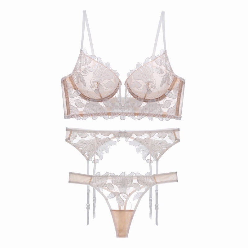 Ty094Bp3 Deep V Ultra-Thin Gauze Embroidered Garter Belt 3 Piece Underwear Set - Raw white off white / S