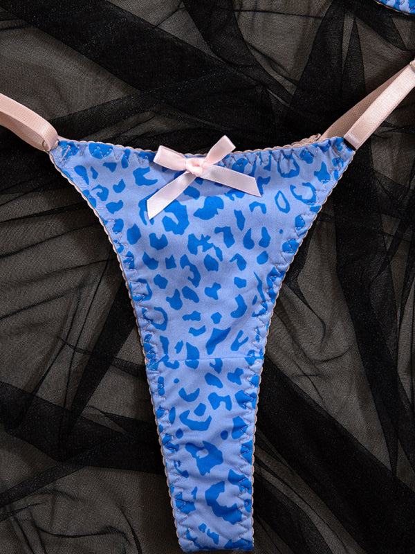Ultra-thin light pink lace and blue leopard print underwire sexy lingerie set