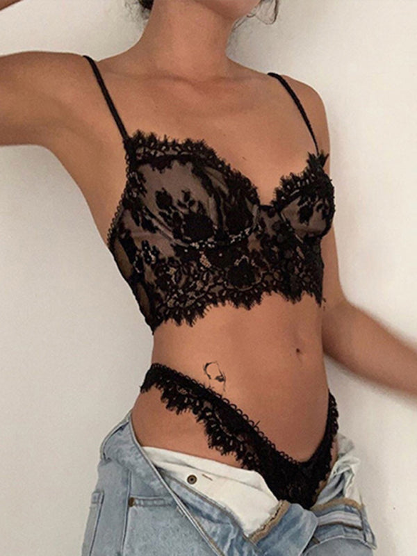 Ultra-thin steel ring button bra underwear women’s suspenders beautiful back bra set - Black / S