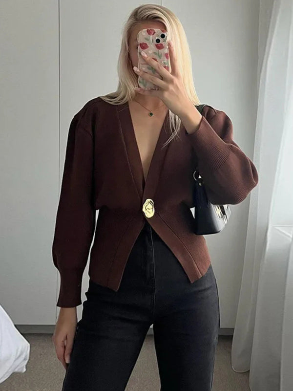 V-neck button-down cardigan - Coffee / S