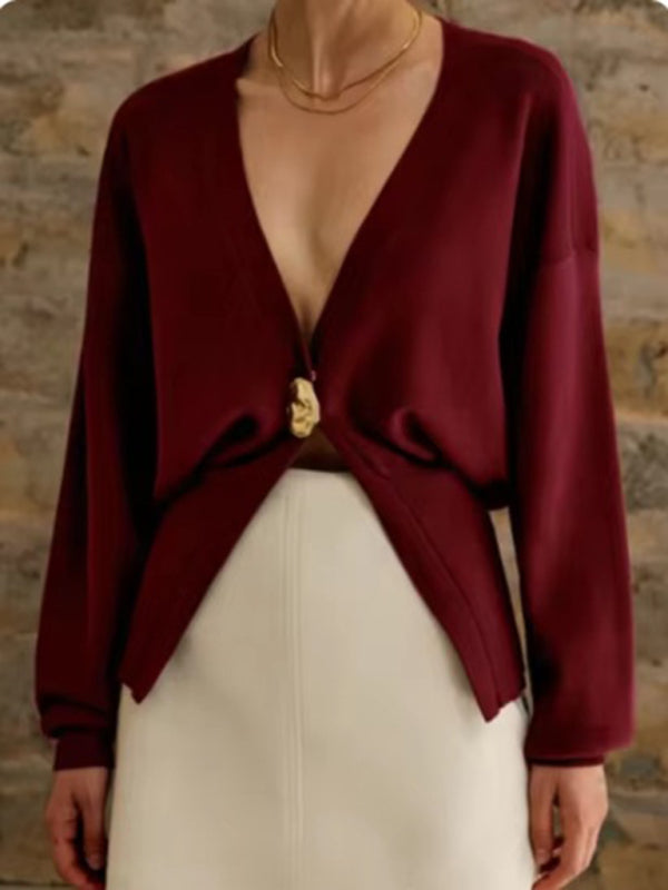 V-neck button-down cardigan - Wine Red / S