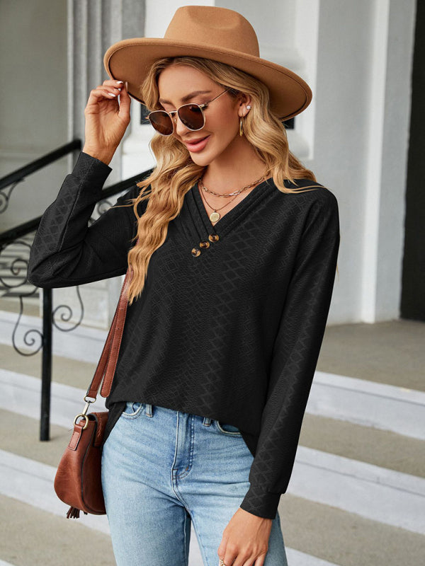V Neck Button Loose Long Sleeve T-Shirt Top Women’s Clothes