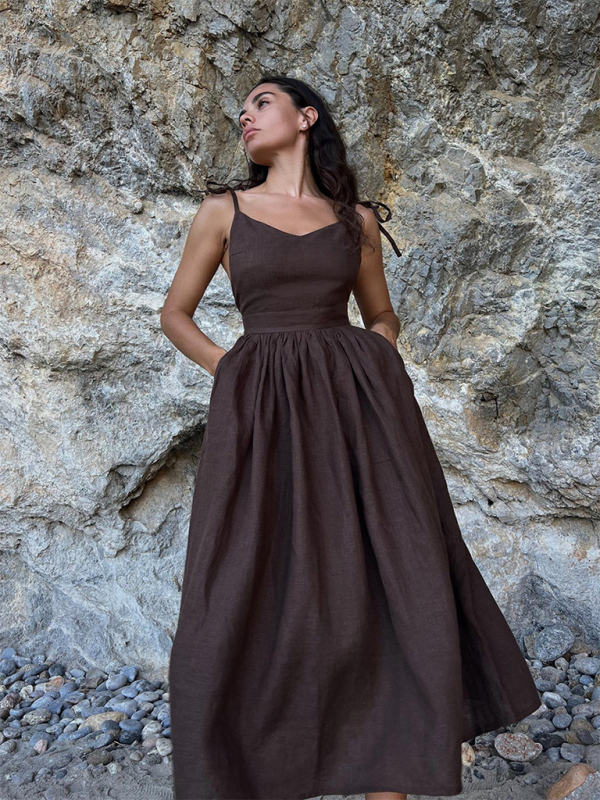 V-neck elegant sexy strappy backless suspender long dress - Coffee / S
