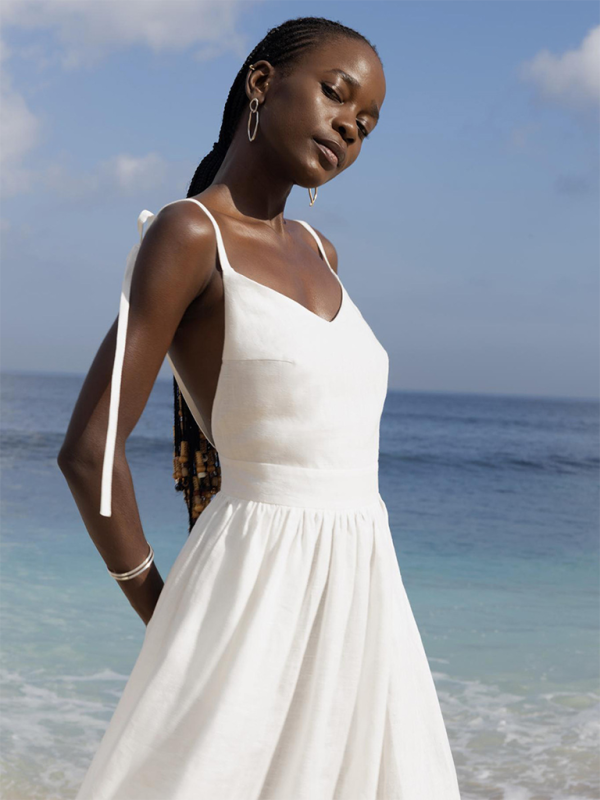 V-neck elegant sexy strappy backless suspender long dress - White / S