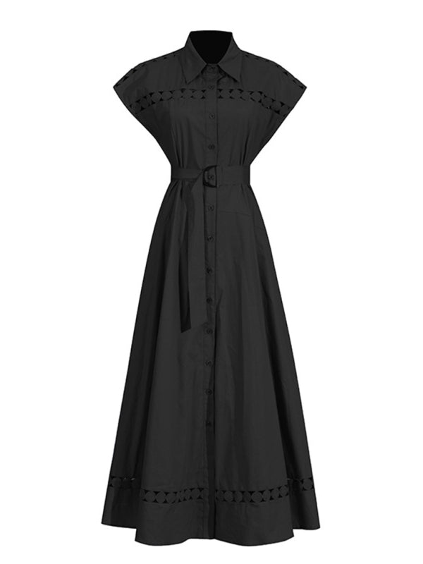 V-neck hollow lace-up slim lapel shirt dress - Black / S