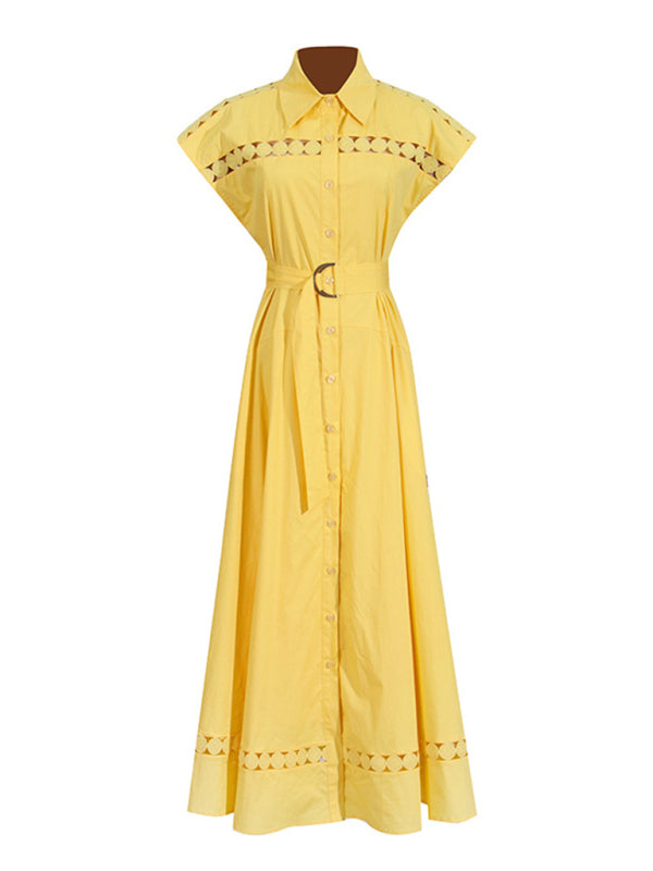 V-neck hollow lace-up slim lapel shirt dress - Yellow / S