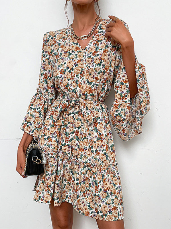 V-neck printed long-sleeved early autumn dress - Cracker khaki / S