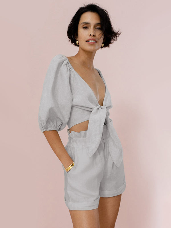 V-Neck Puff Sleeve Rayon Shorts Set - Cracker khaki / S