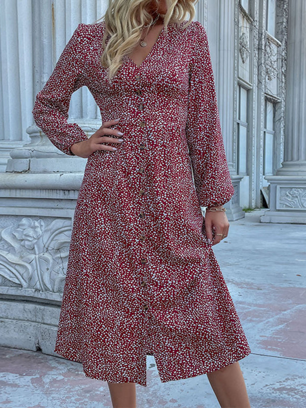 V -neck single -breasted cross -border long -sleeved dress autumn - Wine Red / S