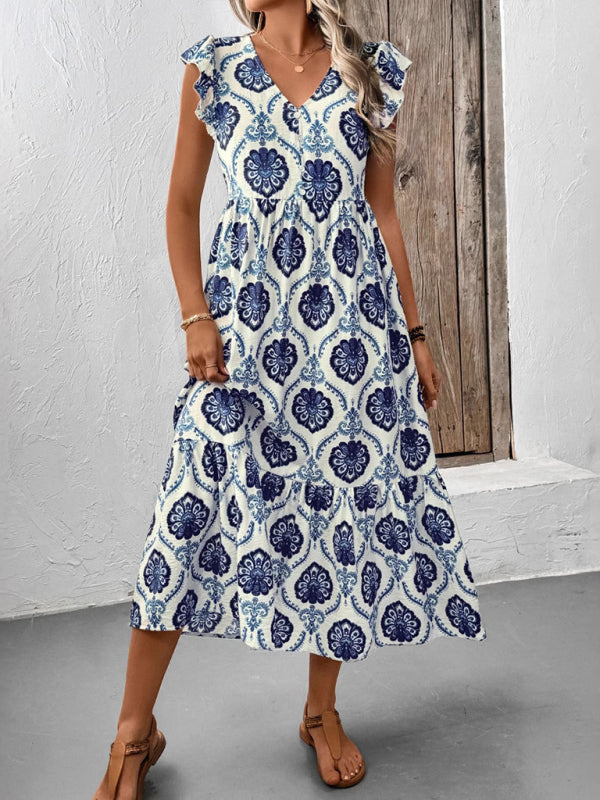 Vacation Loose V-Neck Ethnic Print Long Dress