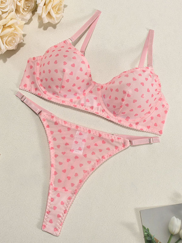 Valentine’s Day heart-shaped print see-through sexy temptation three-point sexy underwear set - Pink / S