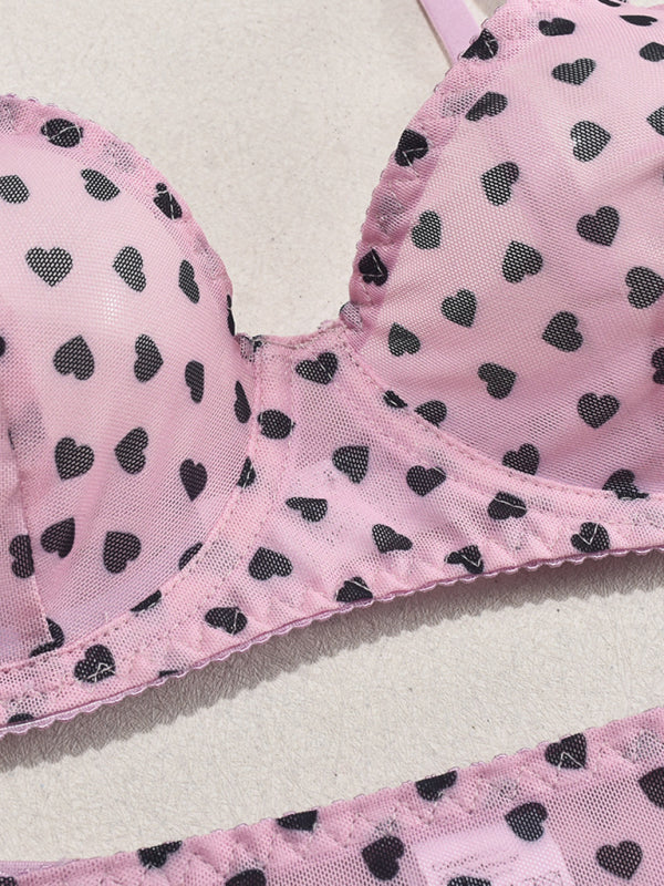 Valentine’s Day heart-shaped print see-through sexy temptation three-point sexy underwear set
