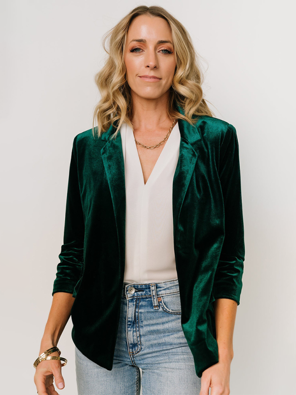 Velvet Slant Pocket Lapel Long Sleeve Blazer - Green black jasper / S