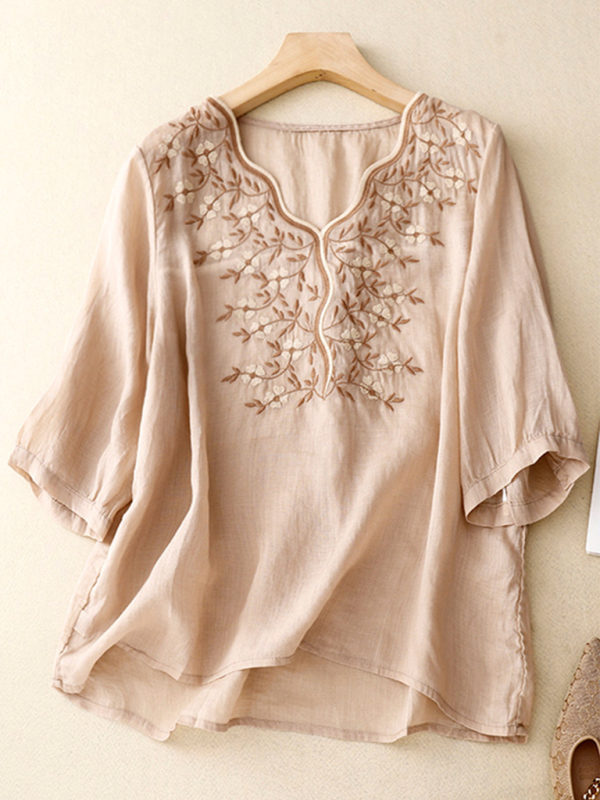 Vintage V-neck embroidered T-shirt top - Khaki / M