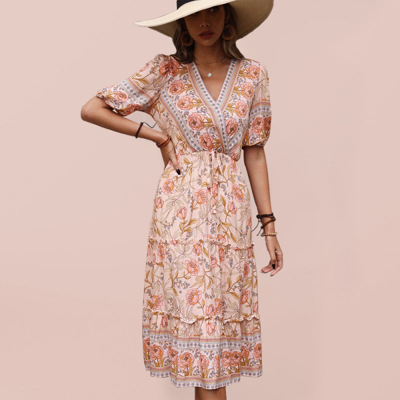 Vintage Women’s Pink Fungus Print V-Neck Midi Dress - Pink / S