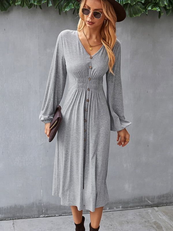 Waist slimming A-line skirt V-neck elastic elastic sexy dress - Grey / S