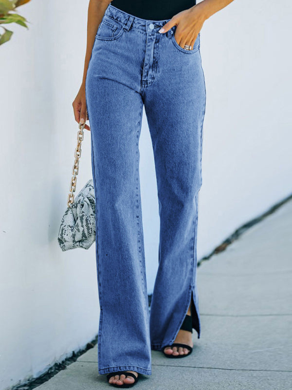 Washed slit mid-waist denim trousers casual trousers - Blue / S