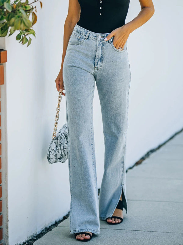 Washed slit mid-waist denim trousers casual trousers - Clear blue / S
