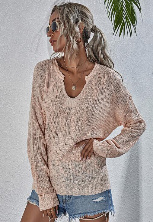 Women Casual V-Neck Knit Sweater - Pink / S