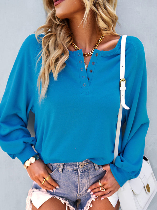Women Fashion Casual Loose Casual Solid Color Hoodie Long Sleeve Tops - Blue / S