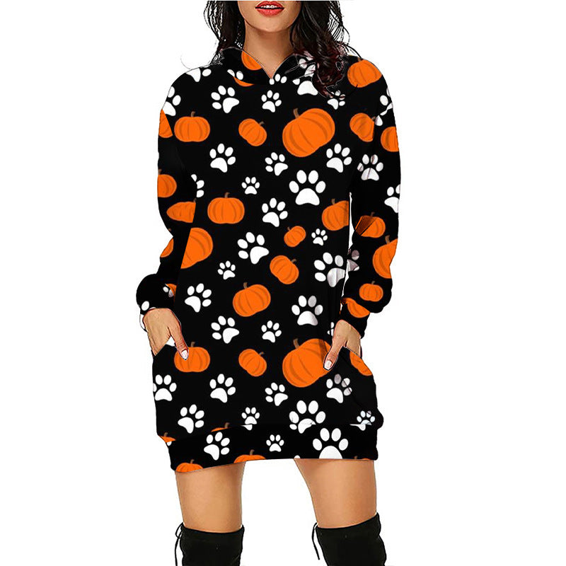 Women Halloween Pumpkin Print Hoodie Dress - Pattern2 / S