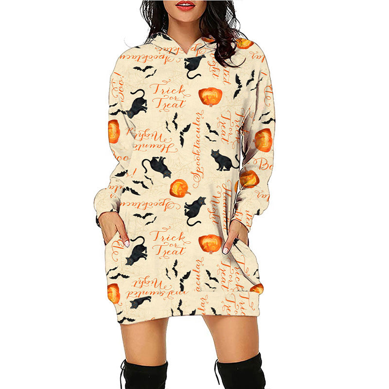Women Halloween Pumpkin Print Hoodie Dress - Pattern3 / S