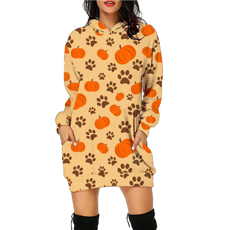 Women Halloween Pumpkin Print Hoodie Dress - Pattern4 / S