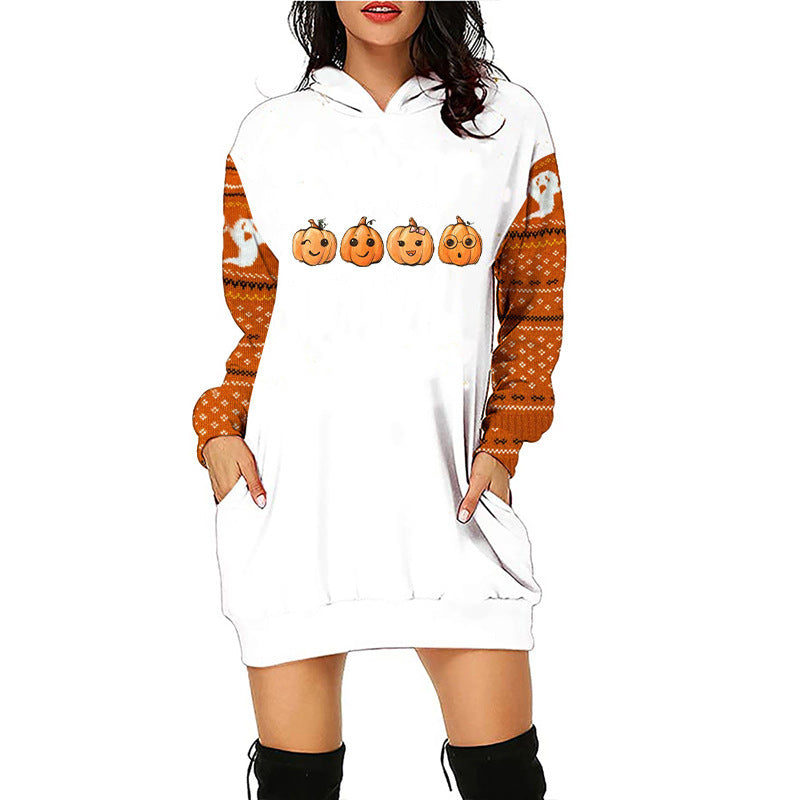Women Halloween Pumpkin Print Hoodie Dress - Pattern9 / S